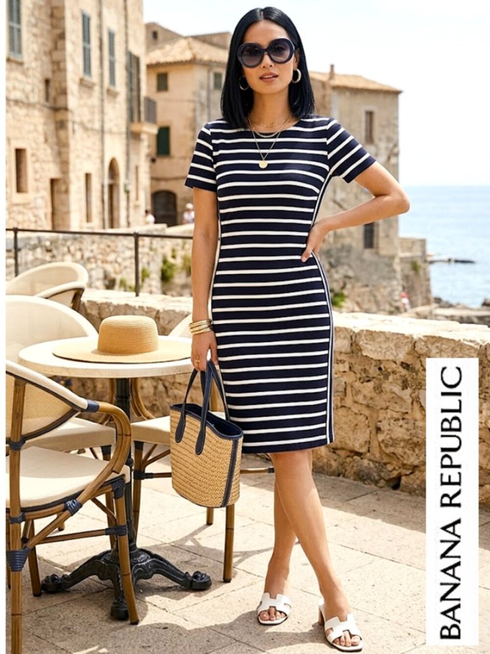 BANANA REPUBLIC - Navy and white short sleeve striped dress